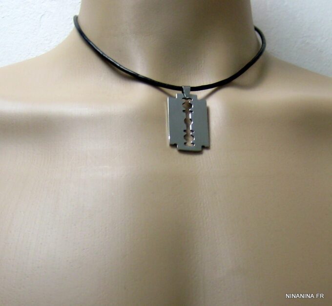 N2482terc_collier_cuir_lame_de_rasoir_acier_inoxydable