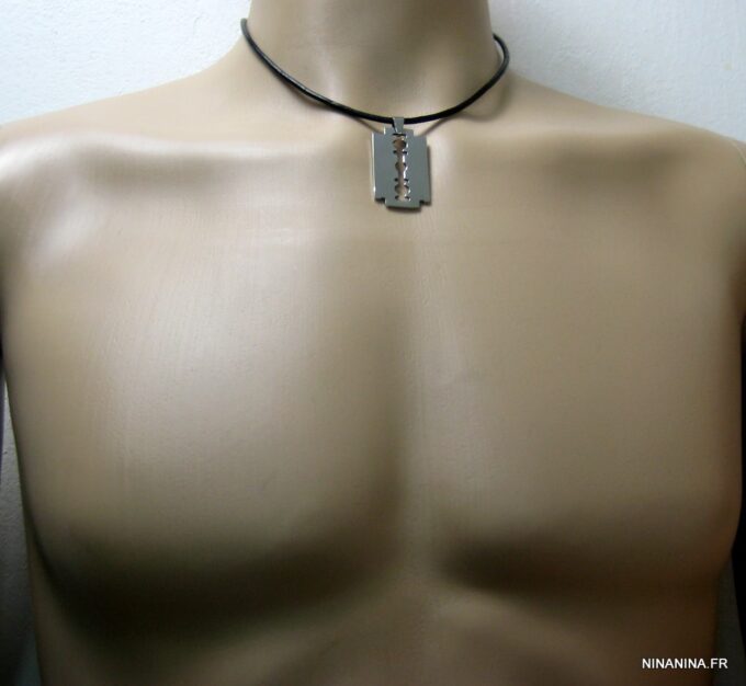 N2482terd_collier_cuir_lame_de_rasoir_acier_inoxydable