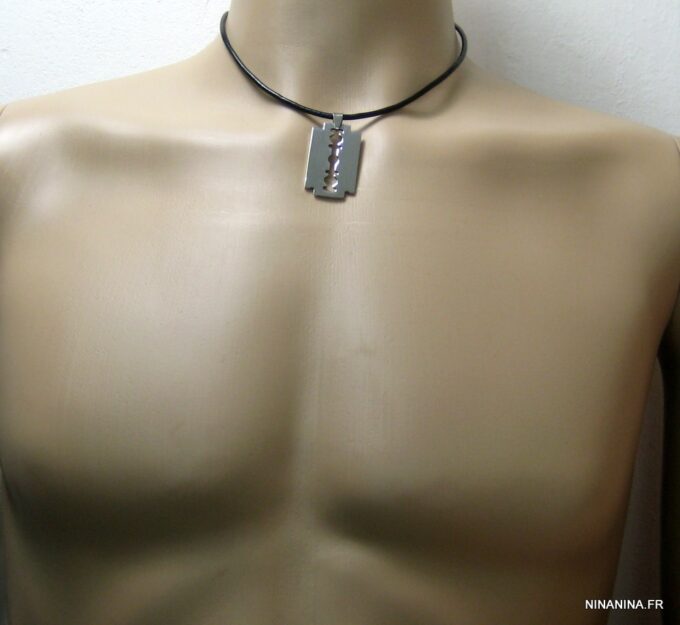 N2482tere_collier_cuir_lame_de_rasoir_acier_inoxydable