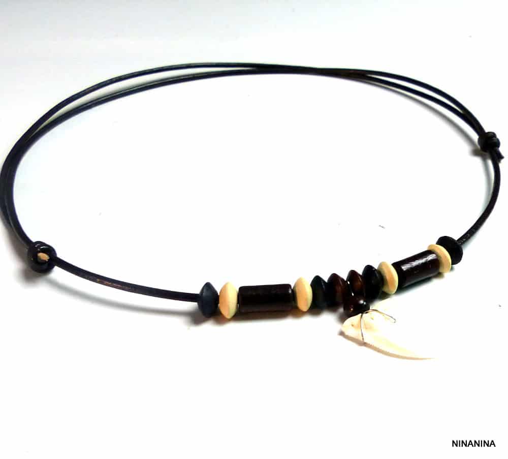 Collier Pendentif Dent De Requin Naturel Avec Cordon Cuir - Bijou Unisexe Style Exotique, Pour Hommes Et Femmes - 10