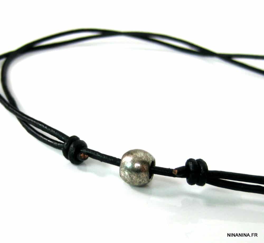 Collier homme cordon coton ciré métal argenté – Image 3