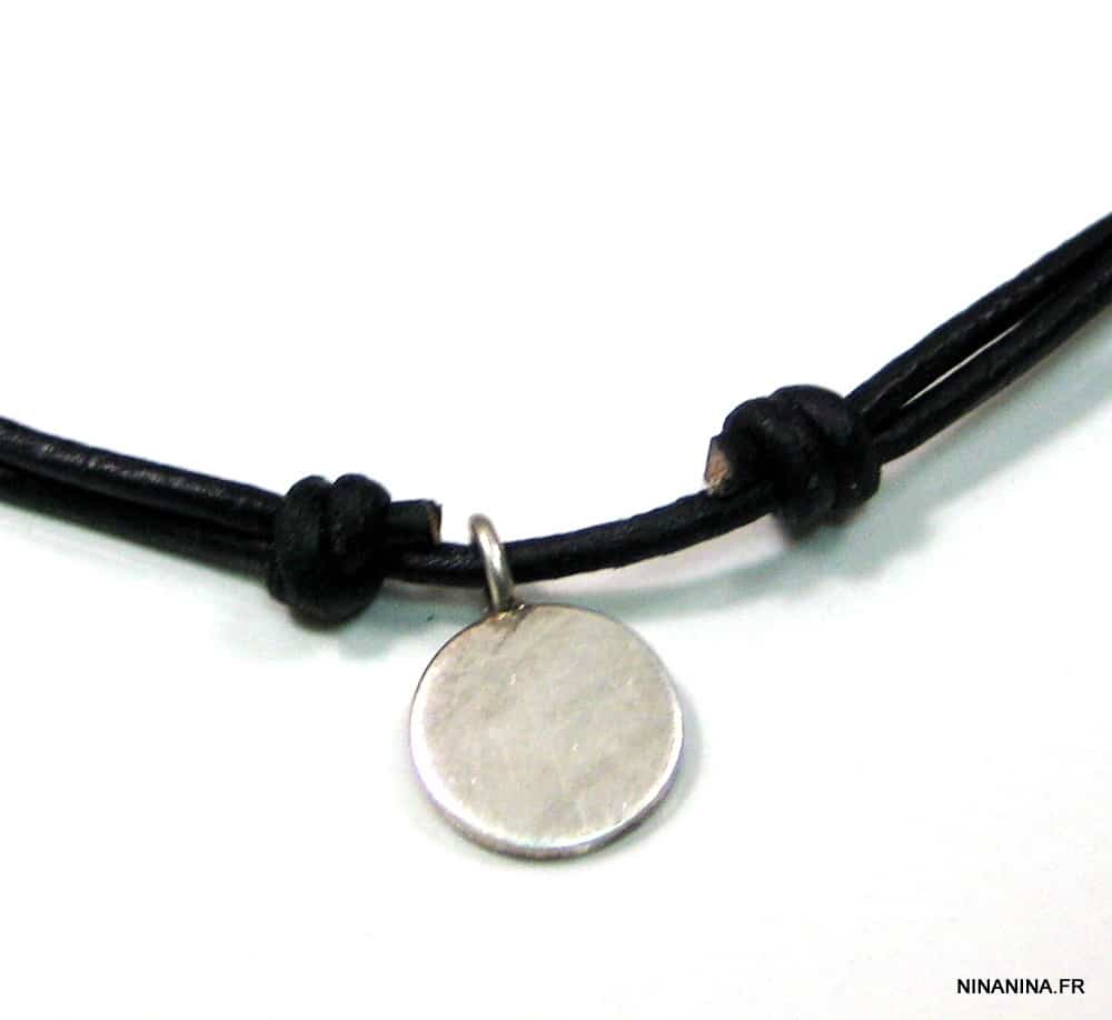 Tour de cou homme ou femme artisanal - collier noeud coulissant avec médaille ronde argent 925 – Image 2