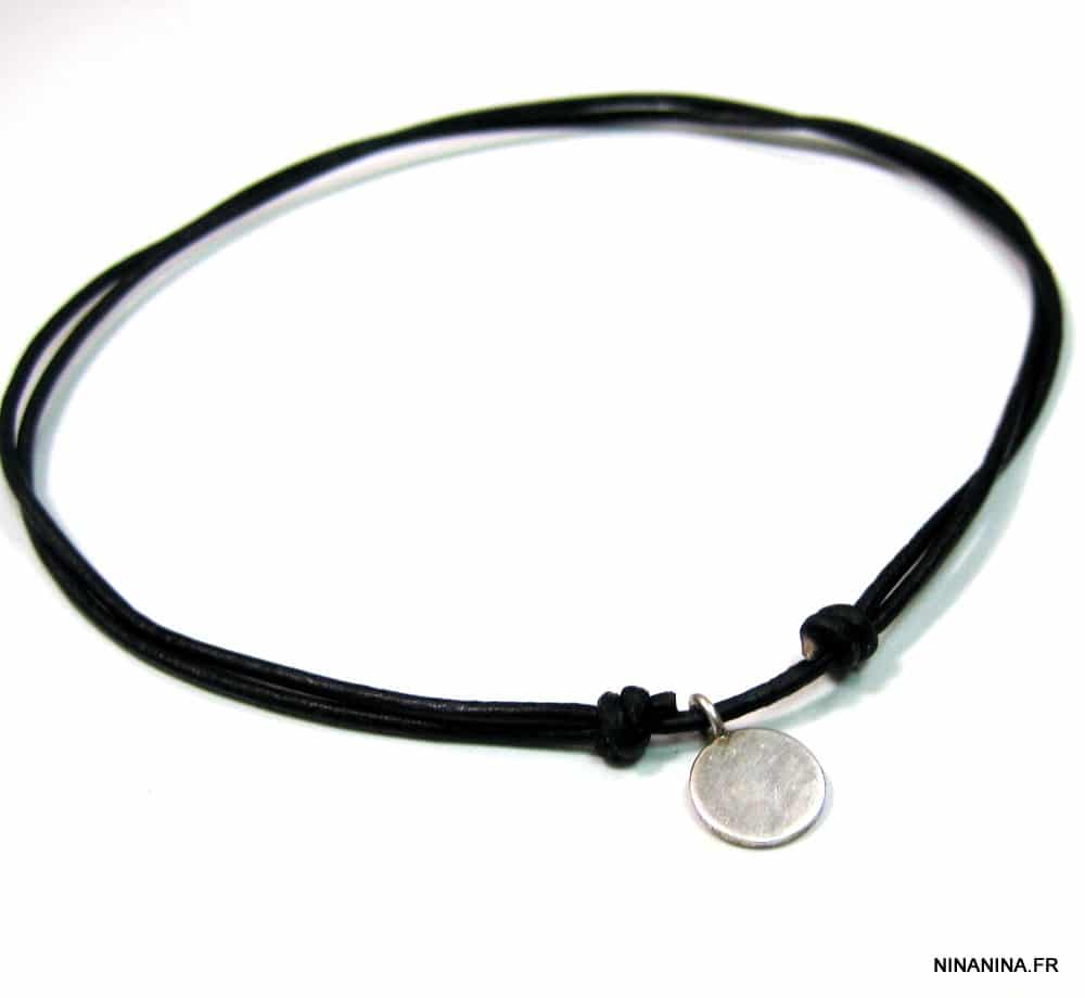 Tour de cou homme ou femme artisanal - collier noeud coulissant avec médaille ronde argent 925 – Image 4