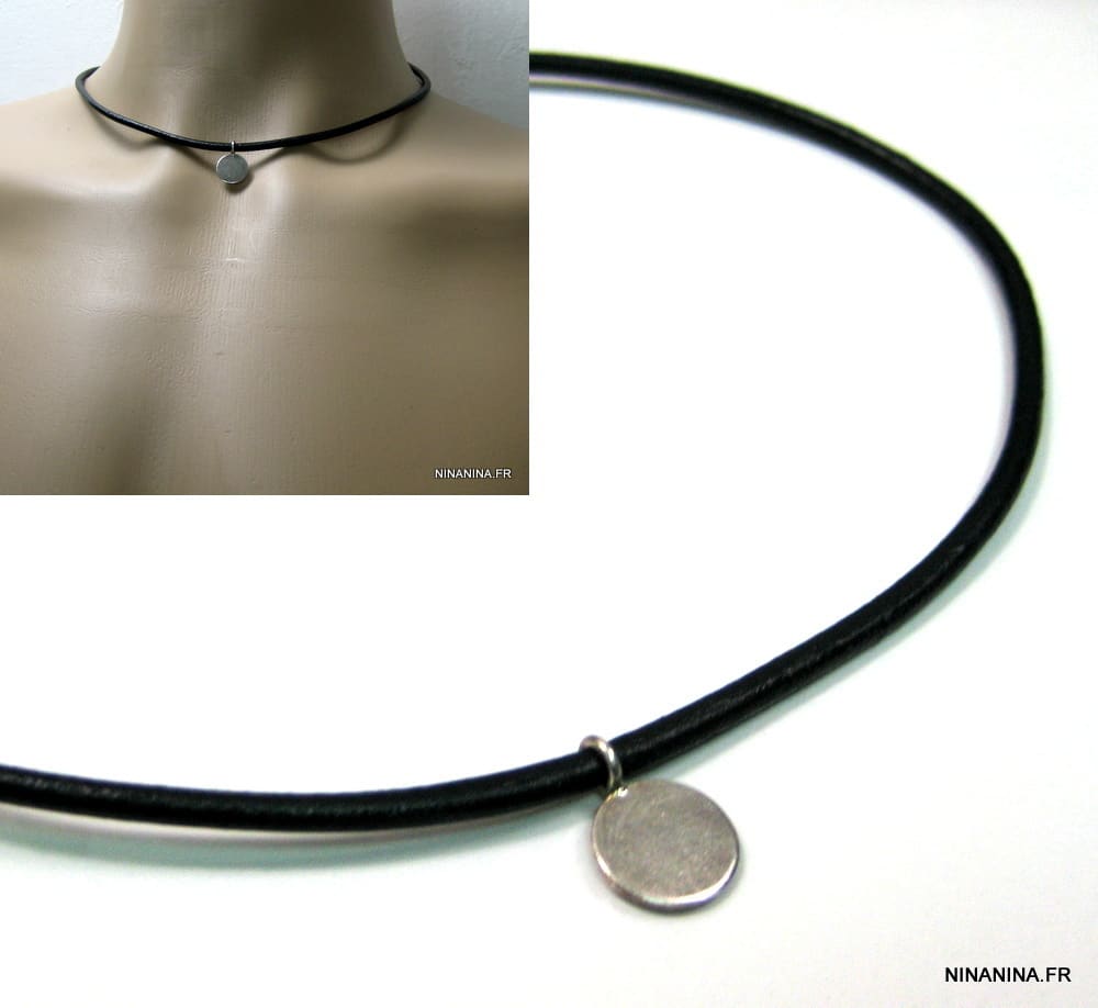 Tour de cou homme medaille argent 925 cordon cuir