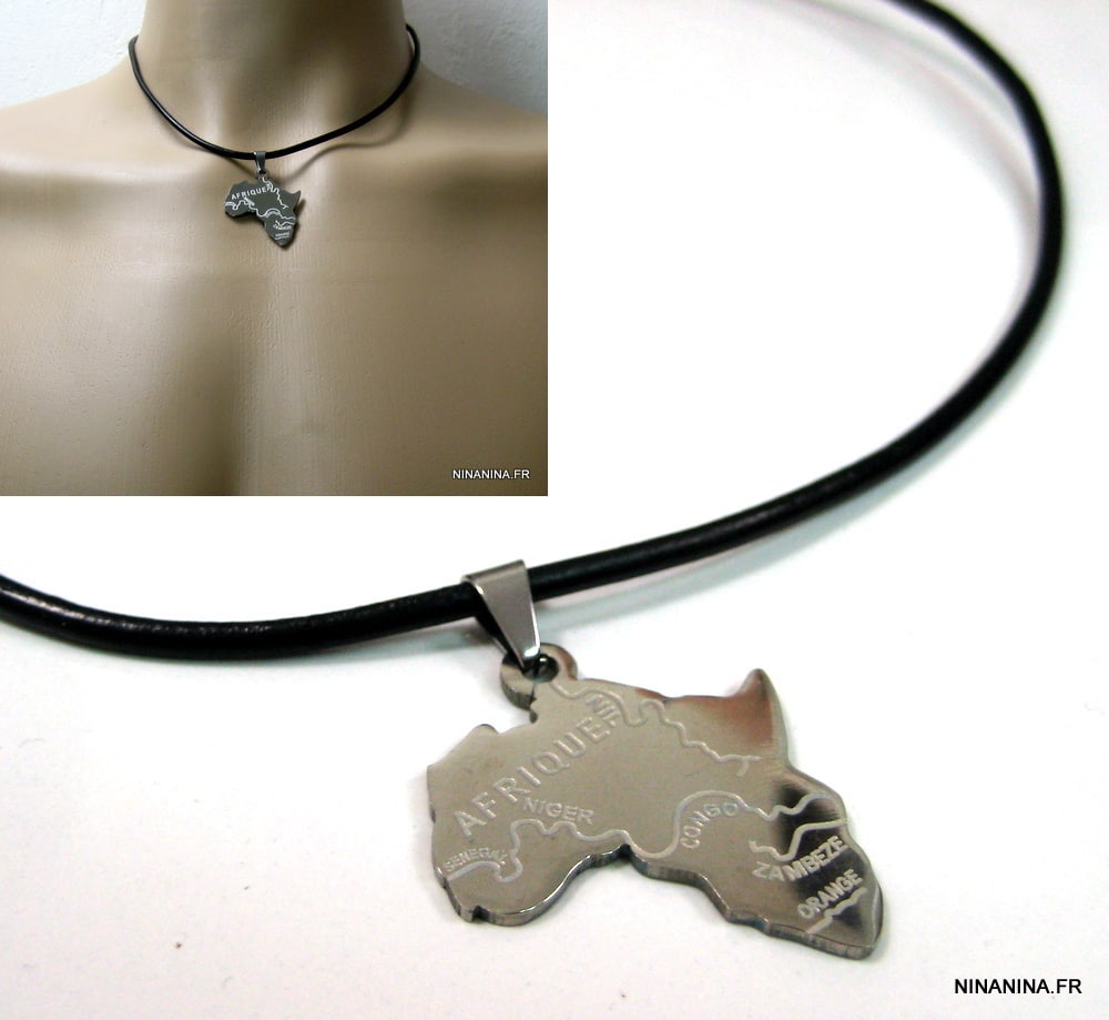 Collier carte Afrique Acier Inoxydable cordon cuir