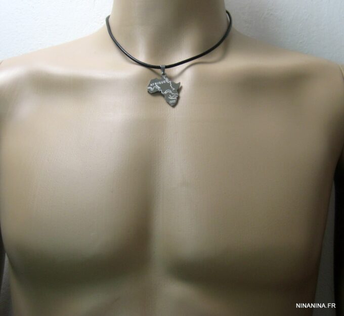 N2626terc_Collier_cordon_cuir_et_AFRIQUE_acier_inoxydable
