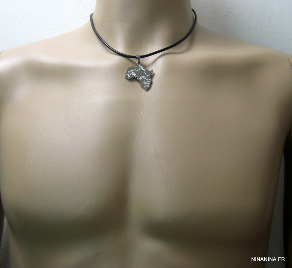 Collier Carte Afrique Acier Inoxydable Cordon Cuir Ninanina
