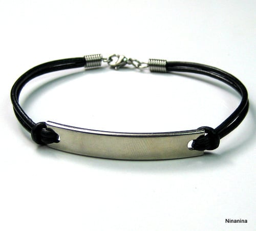 Bracelet garçon gourmette gravable Cuir et cordon noir - 122369N