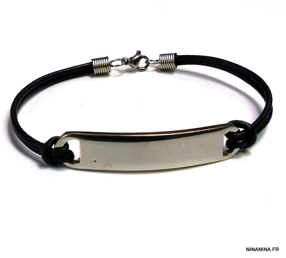 Bracelet garçon gourmette gravable Cuir et cordon noir - 122369N