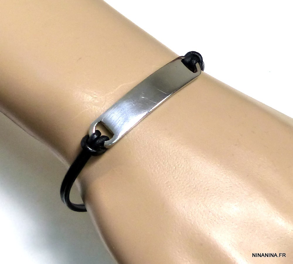 Bracelet garçon gourmette gravable Cuir et cordon noir - 122369N