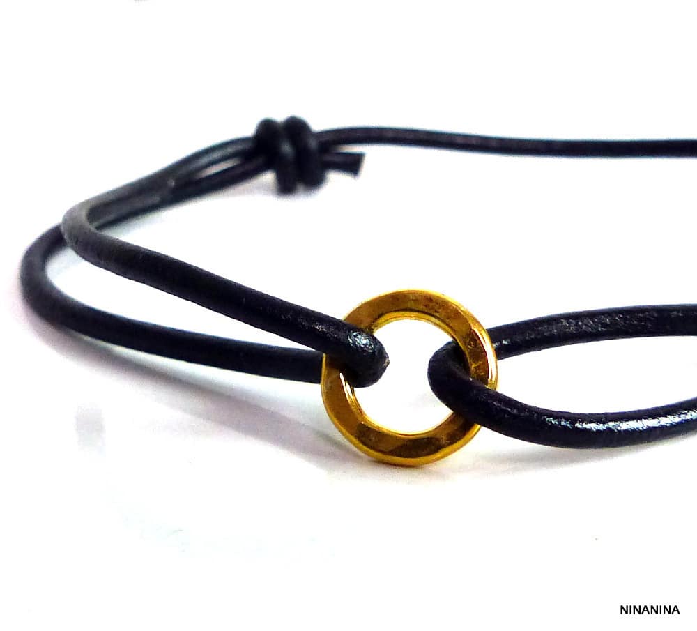 Bracelet Argent 925 massif Plaqué or Cordon Cuir