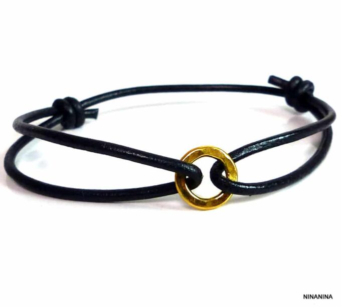 N2654e_Bracelet_cordon_cuir_anneau_argent_massif_plaque_or_vermeil