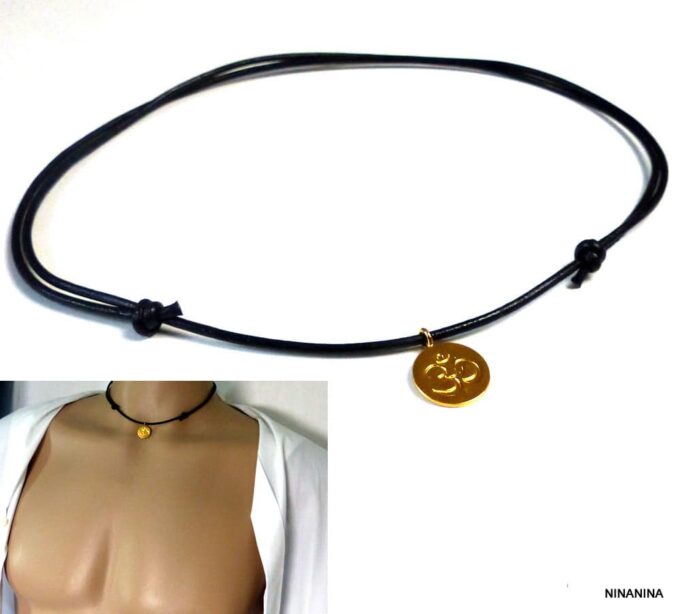 N2679c_collier_cordon_cuir_homme_pendentif_ohm_argent_massif_plaque_or-1