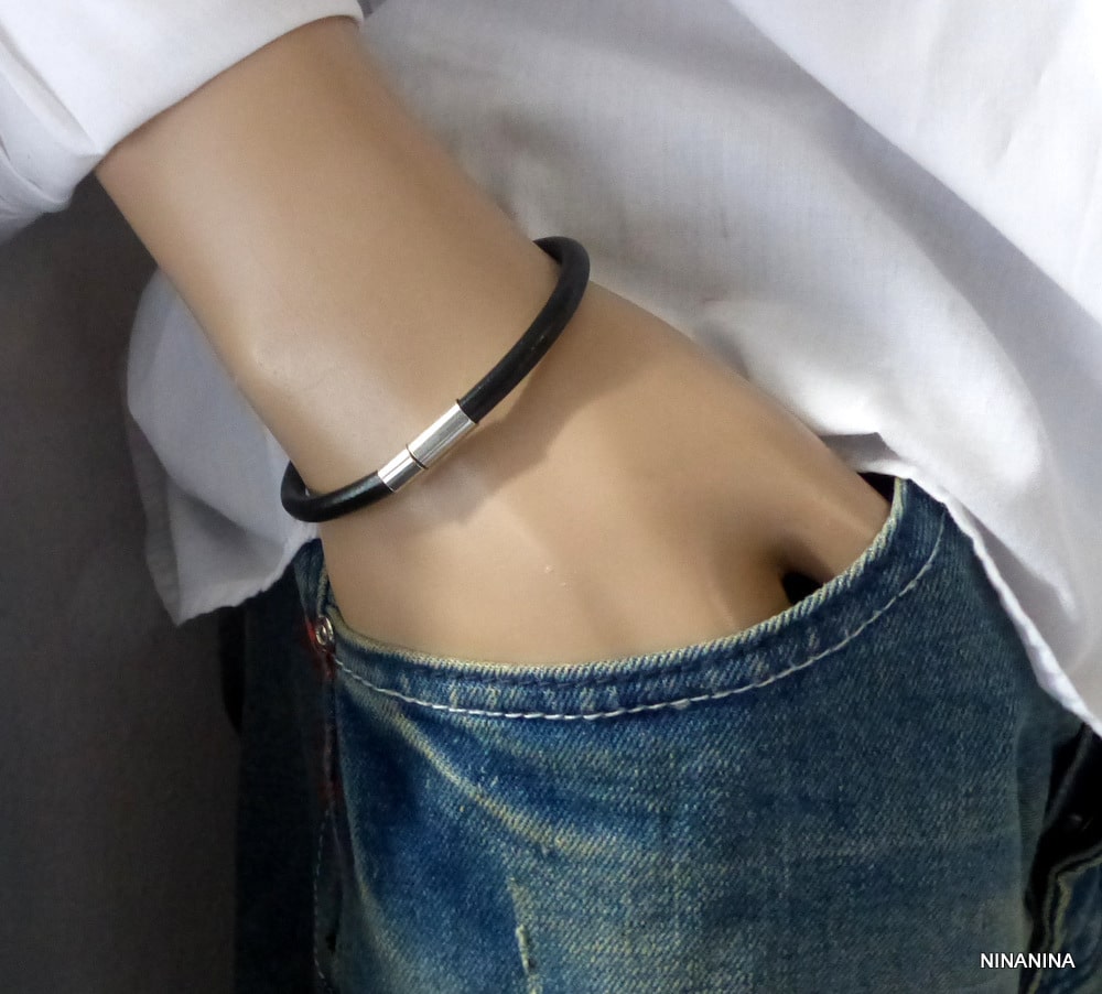 Bracelet homme cordon cuir fermoir acier inoxydable – Image 2