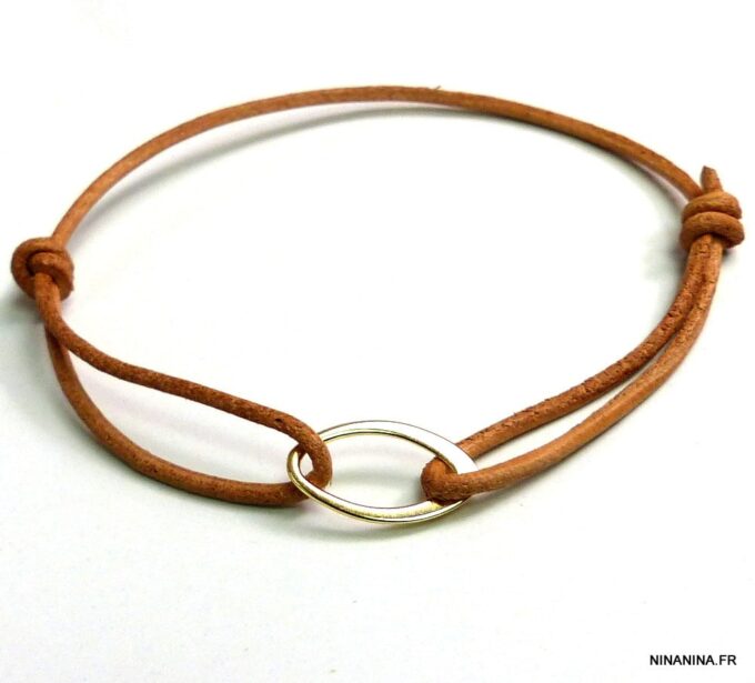 N2692terc_Bracelet_cordon_cuir_anneau_ovale_plaque_or