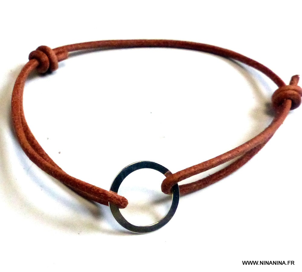 Bracelet cordon ajustable cuir anneau Argent 925 – Image 2