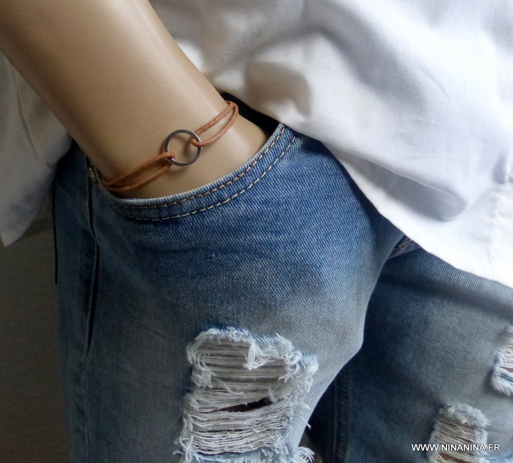 Bracelet cordon ajustable cuir anneau Argent 925 – Image 13