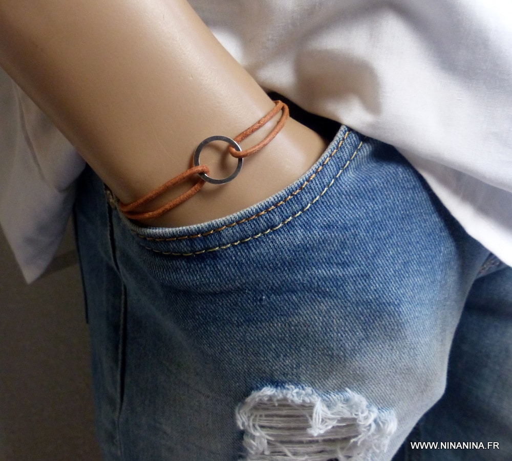 Bracelet cordon ajustable cuir anneau Argent 925 – Image 24
