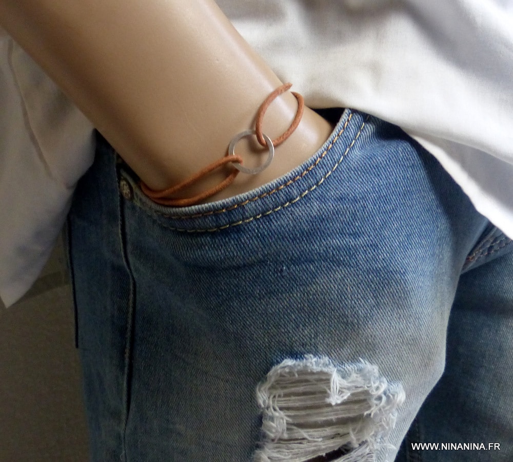 Bracelet cordon ajustable cuir anneau Argent 925 – Image 19