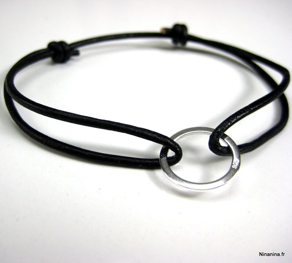 Bracelet cordon ajustable cuir anneau Argent 925 – Image 10