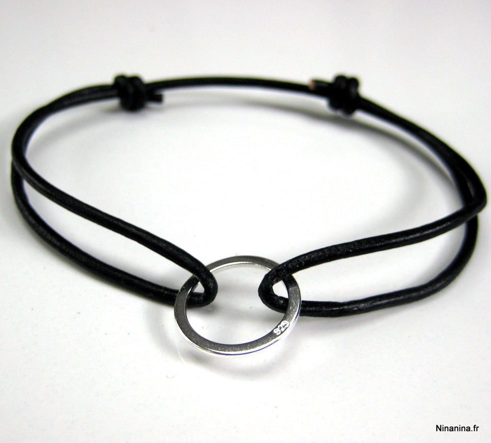 Bracelet cordon ajustable cuir anneau Argent 925 – Image 11