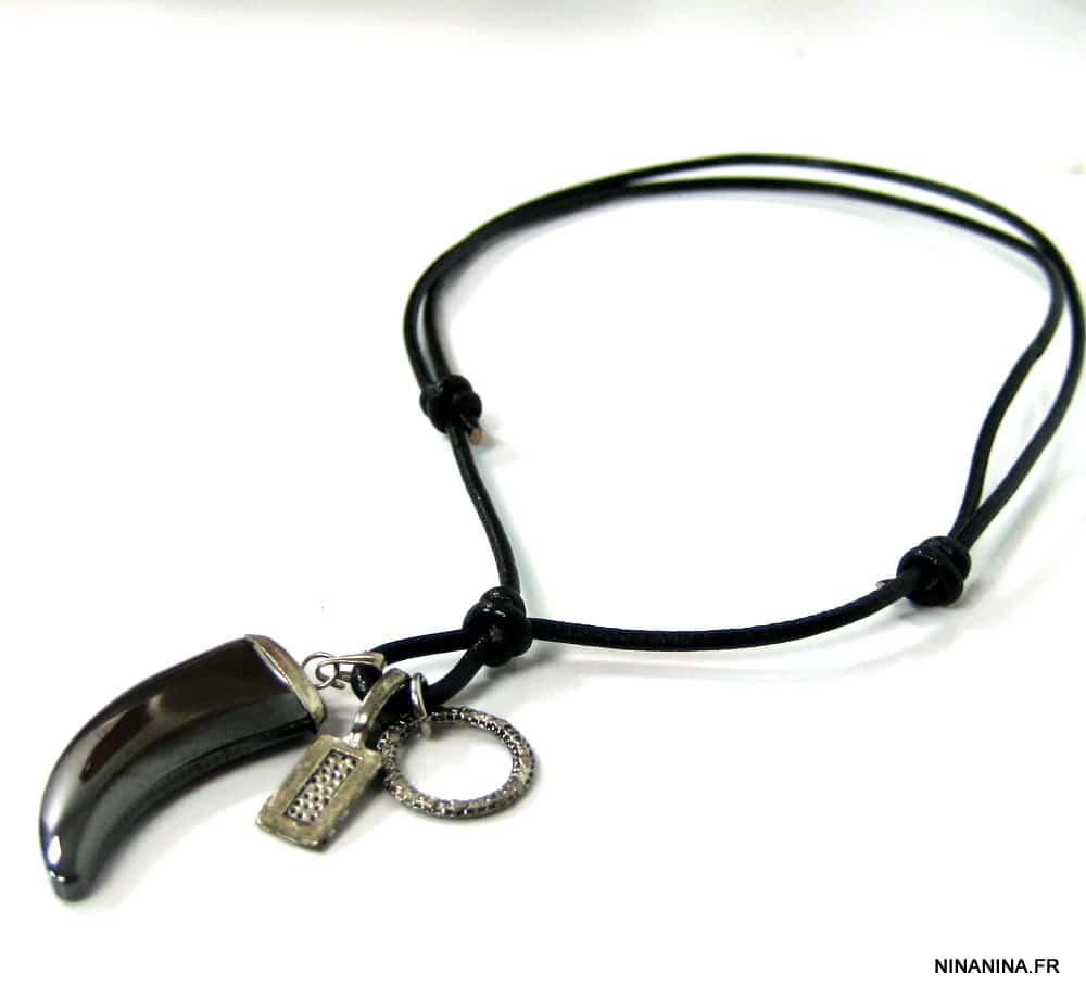 Collier pendentif dent de requin hématite noire cuir – Image 5