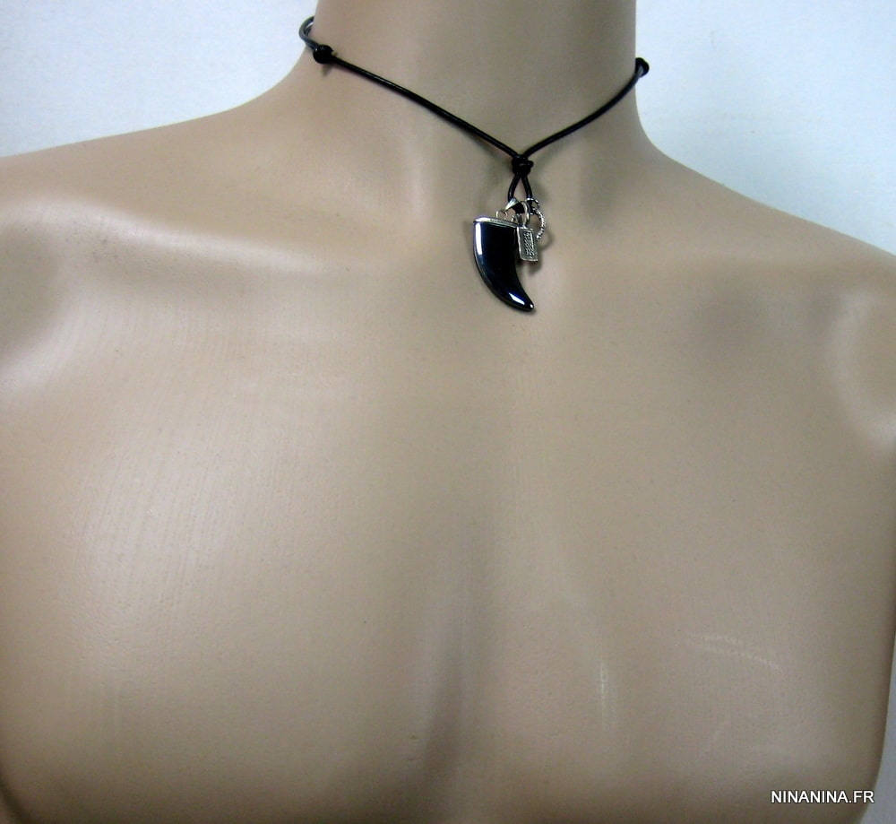 Collier pendentif dent de requin hématite noire cuir – Image 11