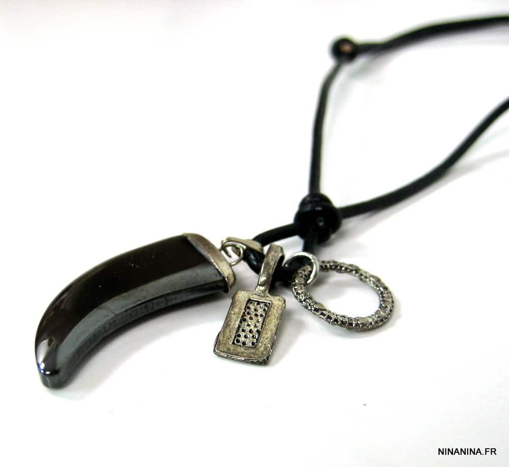 Collier pendentif dent de requin hématite noire cuir – Image 12