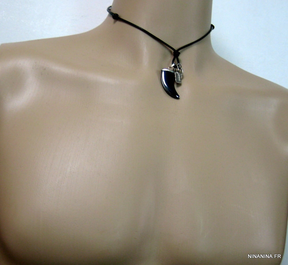 Collier pendentif dent de requin hématite noire cuir – Image 3