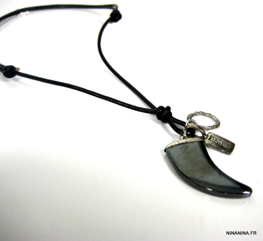 Collier pendentif dent de requin hématite noire cuir – Image 4