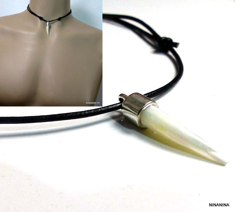 Collier dent de tigre nacre homme cordon cuir – Image 2