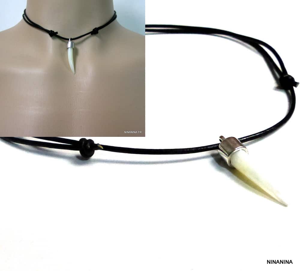 Collier dent de tigre nacre homme cordon cuir – Image 6