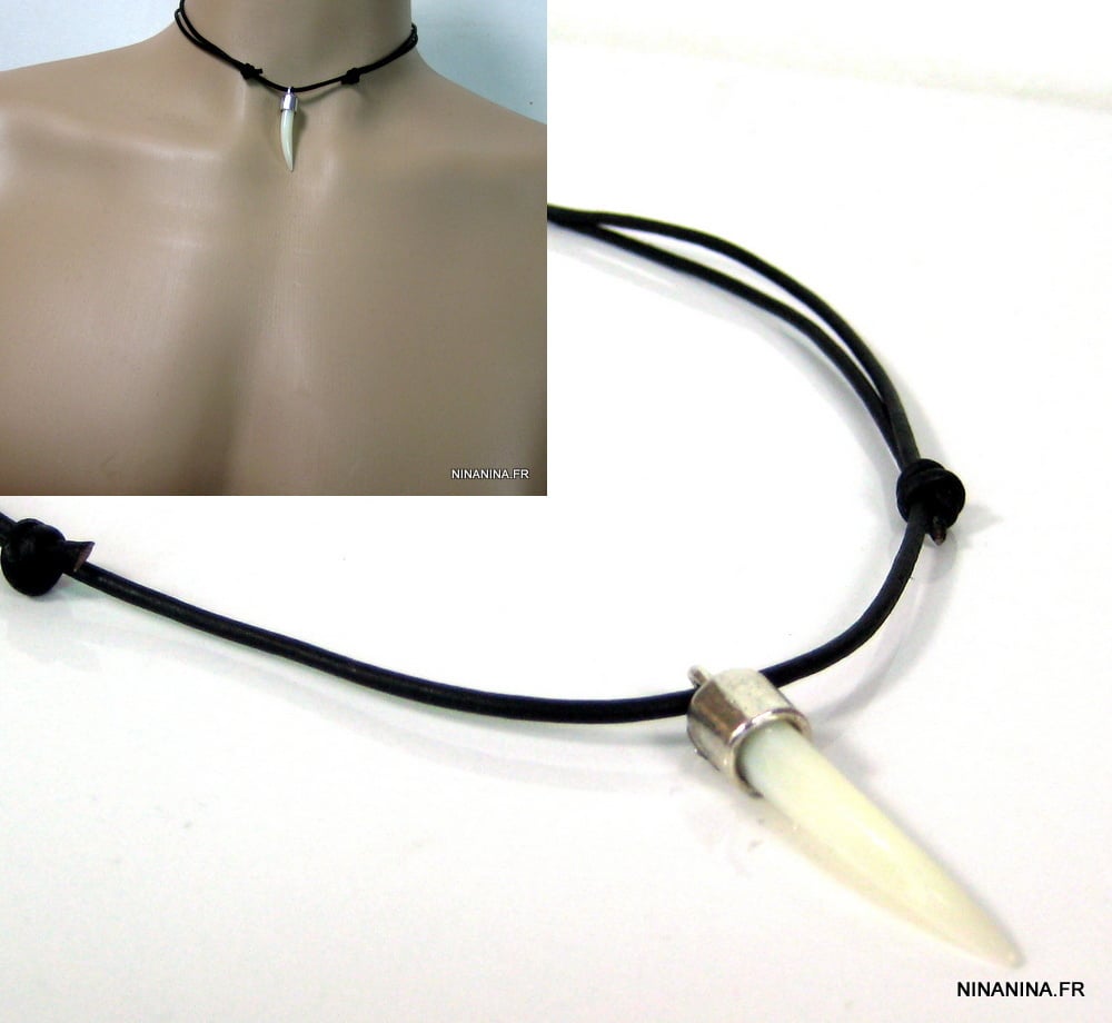 Collier dent de tigre nacre homme cordon cuir – Image 5