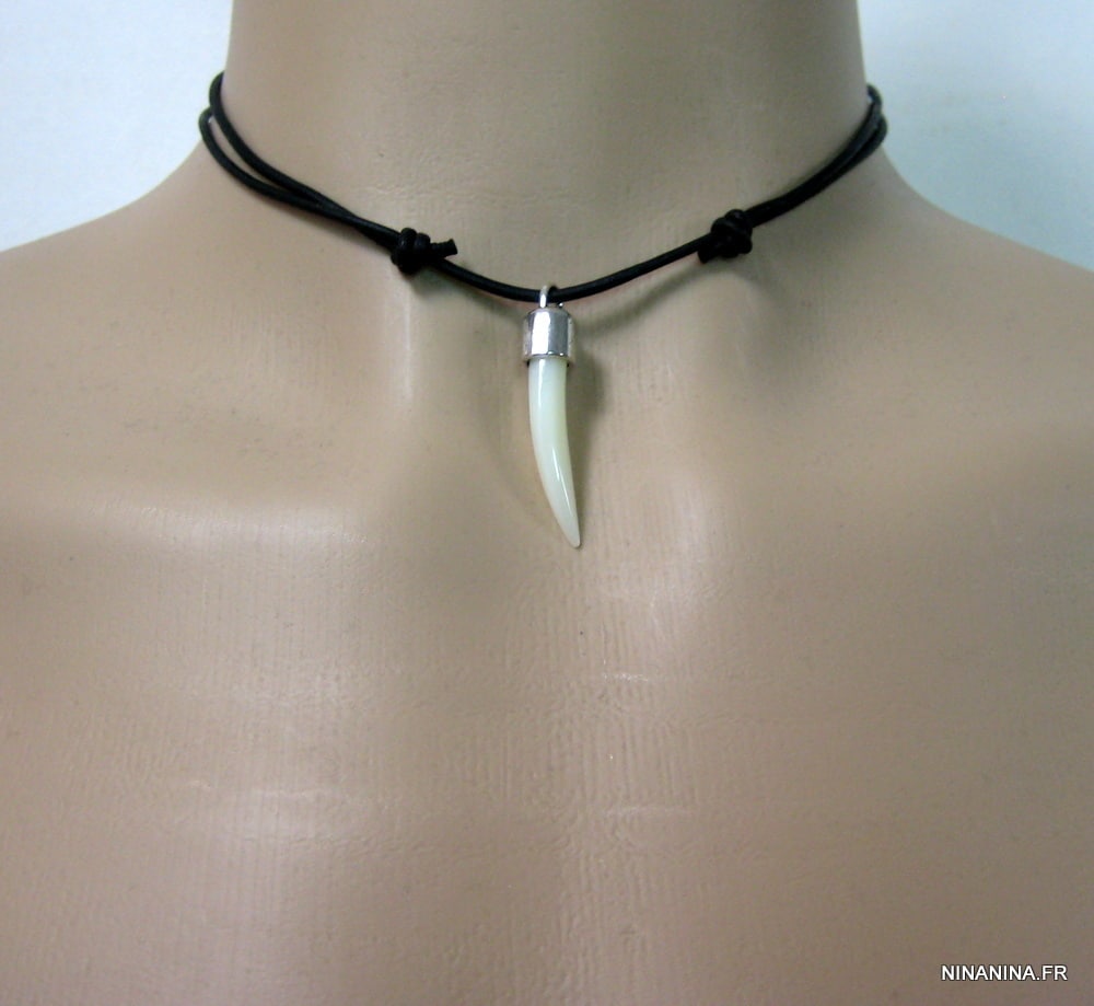 Collier dent de tigre nacre homme cordon cuir – Image 10