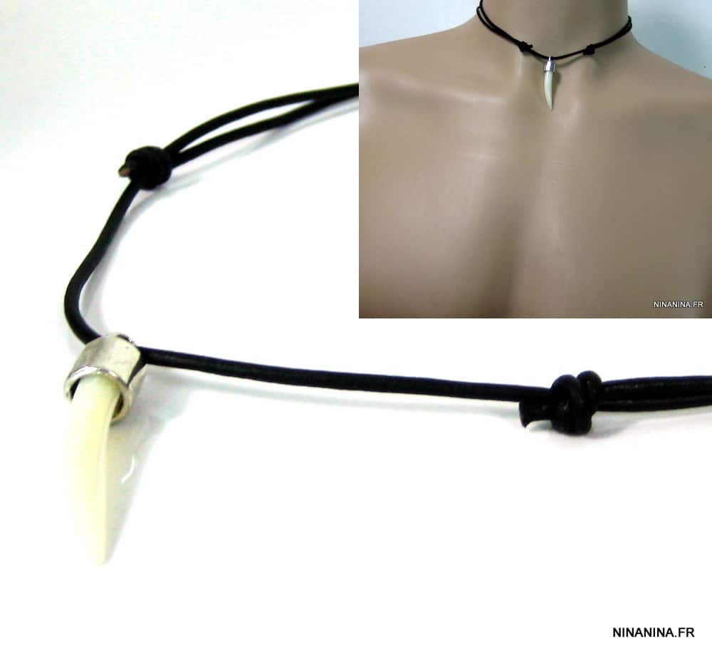 Collier dent de tigre nacre homme cordon cuir – Image 11