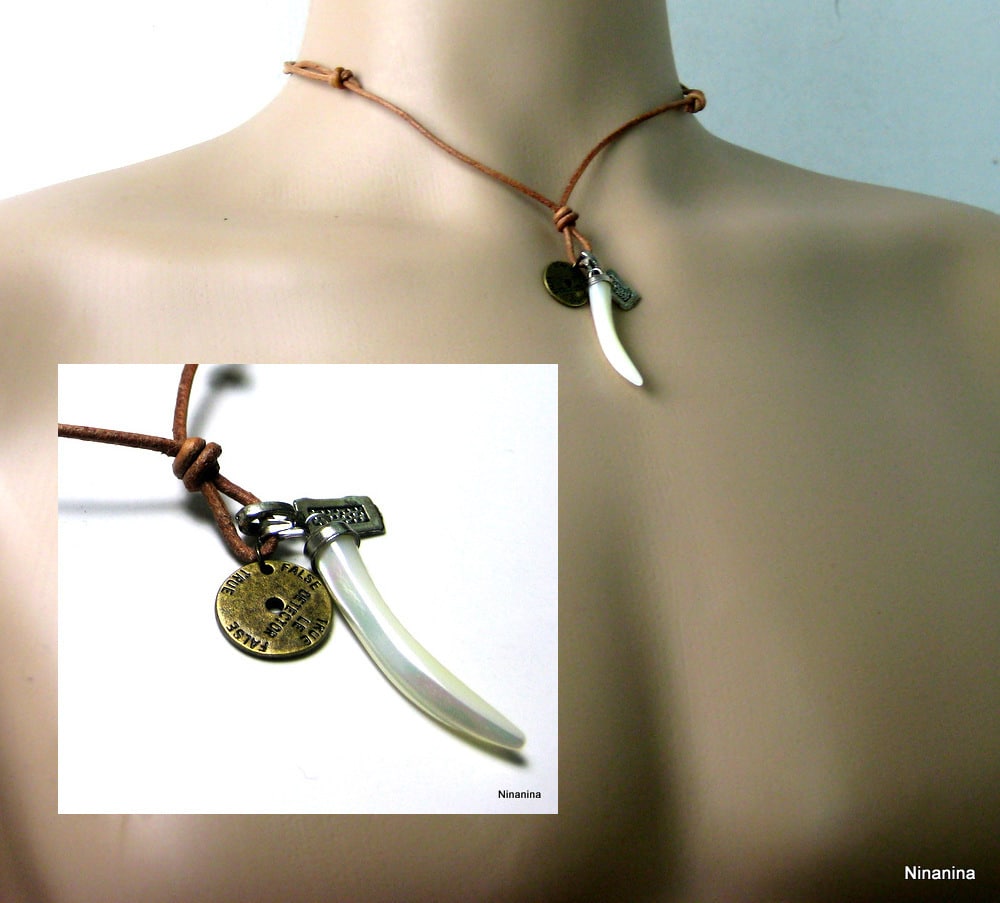 Collier cordon cuir dent de tigre nacre roue dentelée – Image 13
