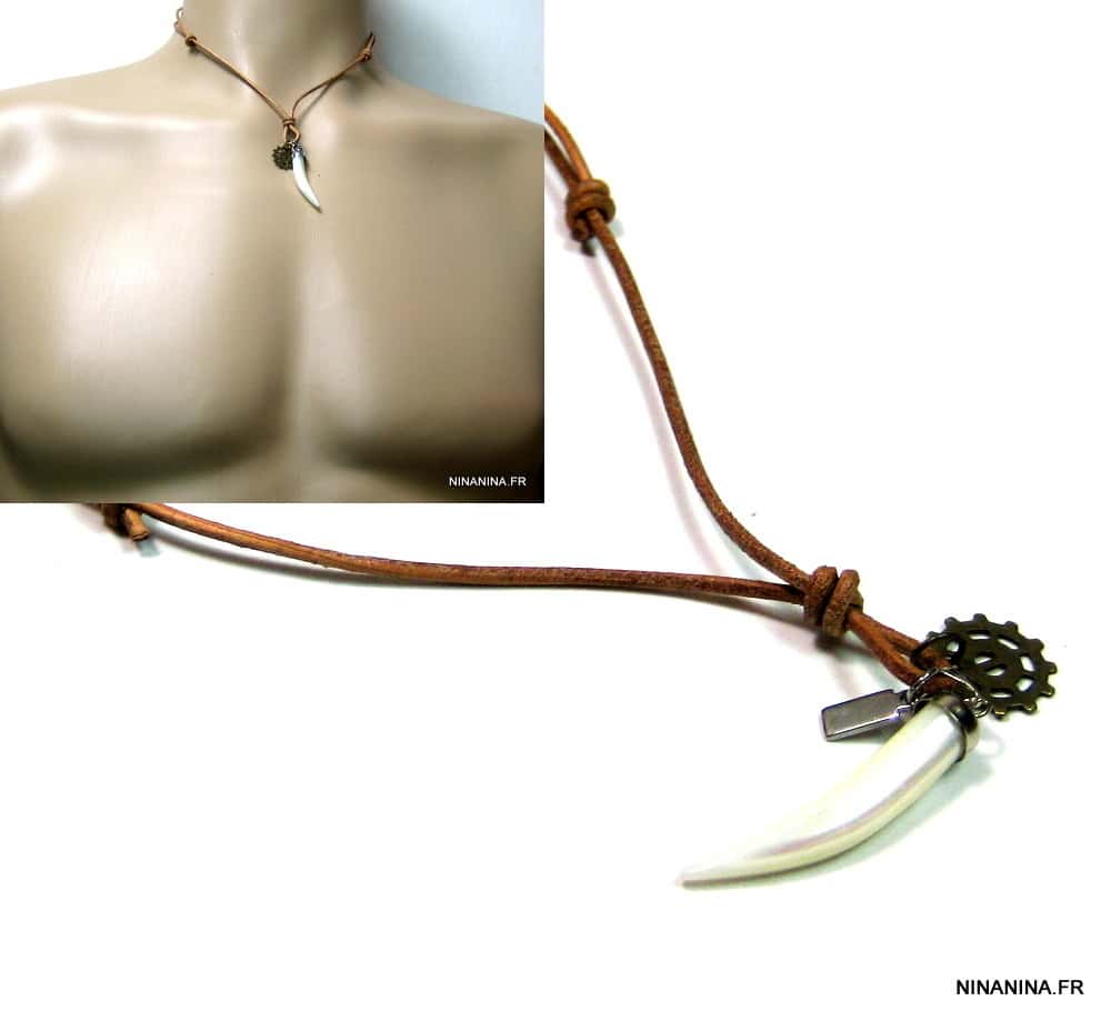 Collier cordon cuir dent de tigre nacre roue dentelée – Image 11