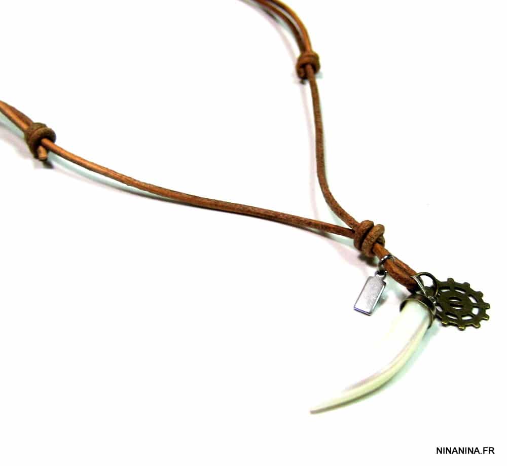 Collier cordon cuir dent de tigre nacre roue dentelée – Image 8