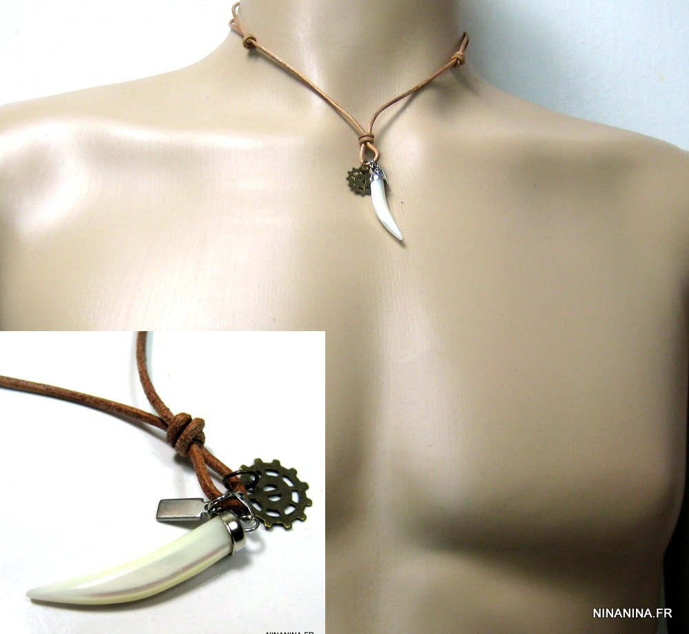 Collier cordon cuir dent de tigre nacre roue dentelée – Image 9