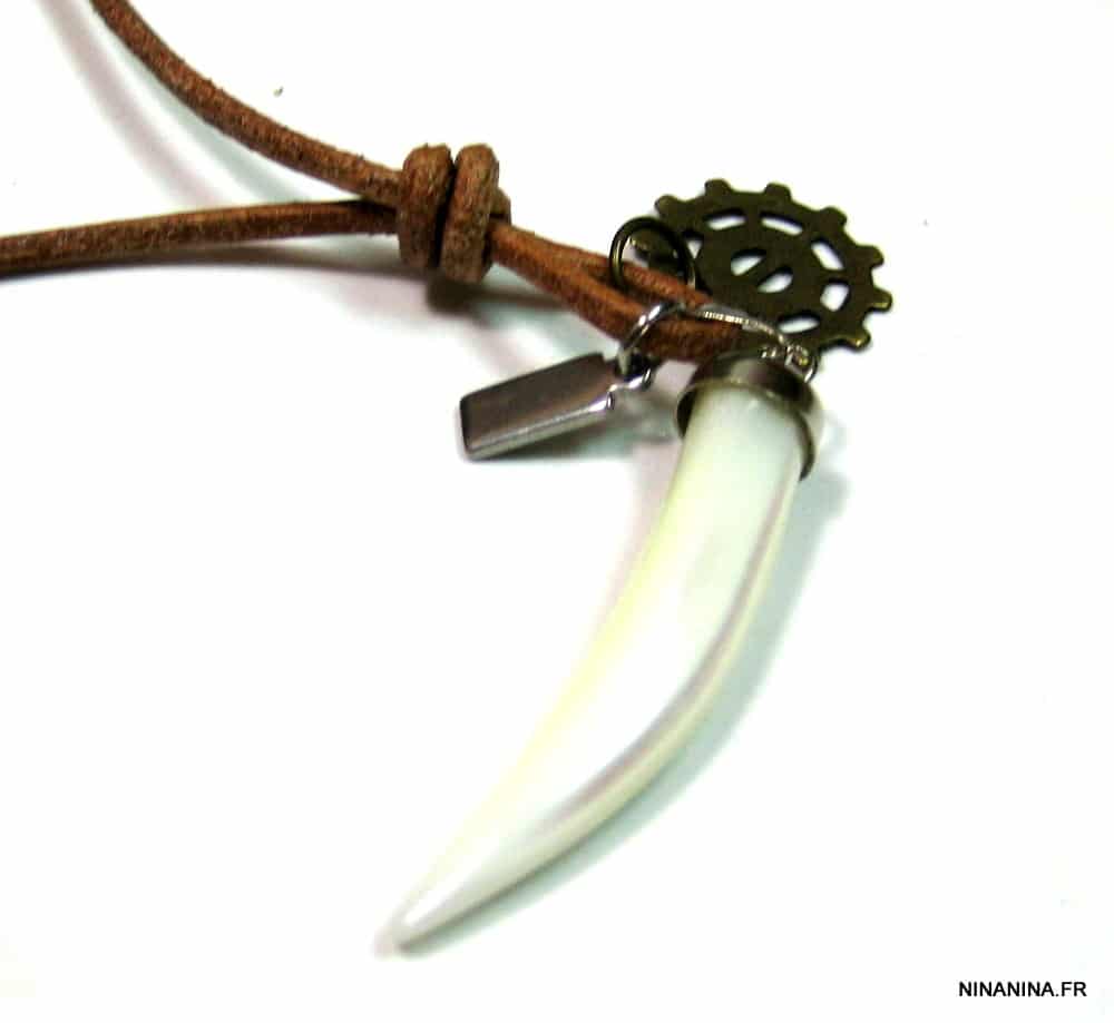 Collier cordon cuir dent de tigre nacre roue dentelée – Image 12