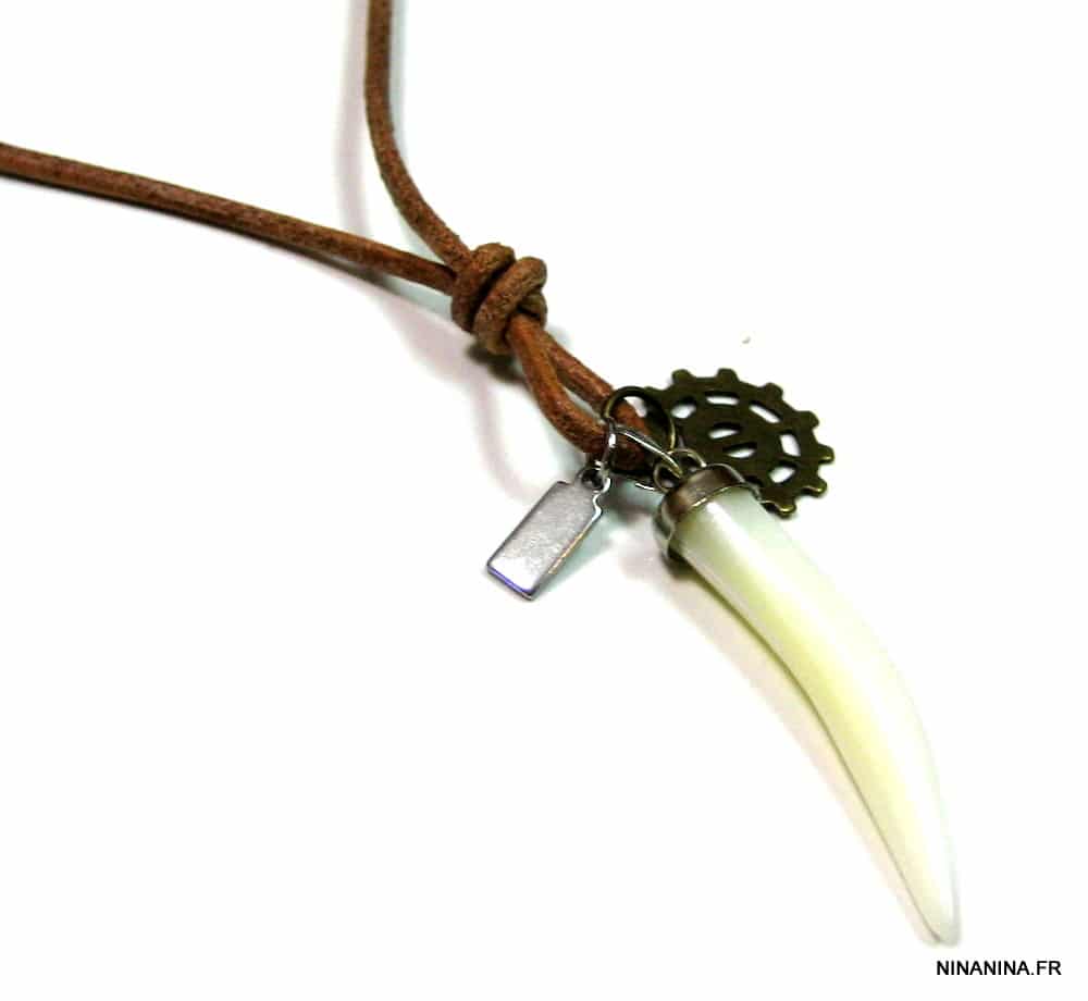 Collier cordon cuir dent de tigre nacre roue dentelée – Image 14