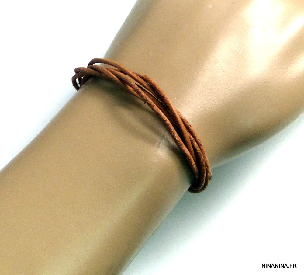 Bracelet multi liens cordon cuir naturel Acier argent – Image 2