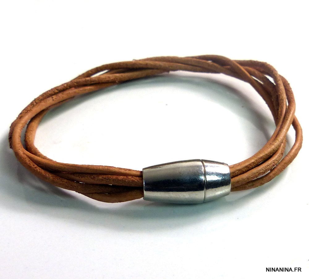 Bracelet multi liens cordon cuir naturel Acier argent – Image 3