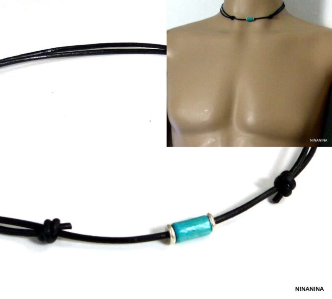 N2750b_Collier_homme_cordon_cuir_argent_massif_perle_tube_bois_turquoise