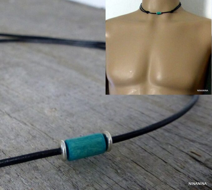 N2750c_Collier_homme_cordon_cuir_argent_massif_perle_tube_bois_turquoise