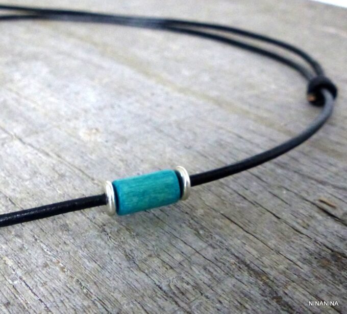 N2750i_Collier_homme_cordon_cuir_argent_massif_perle_tube_bois_turquoise