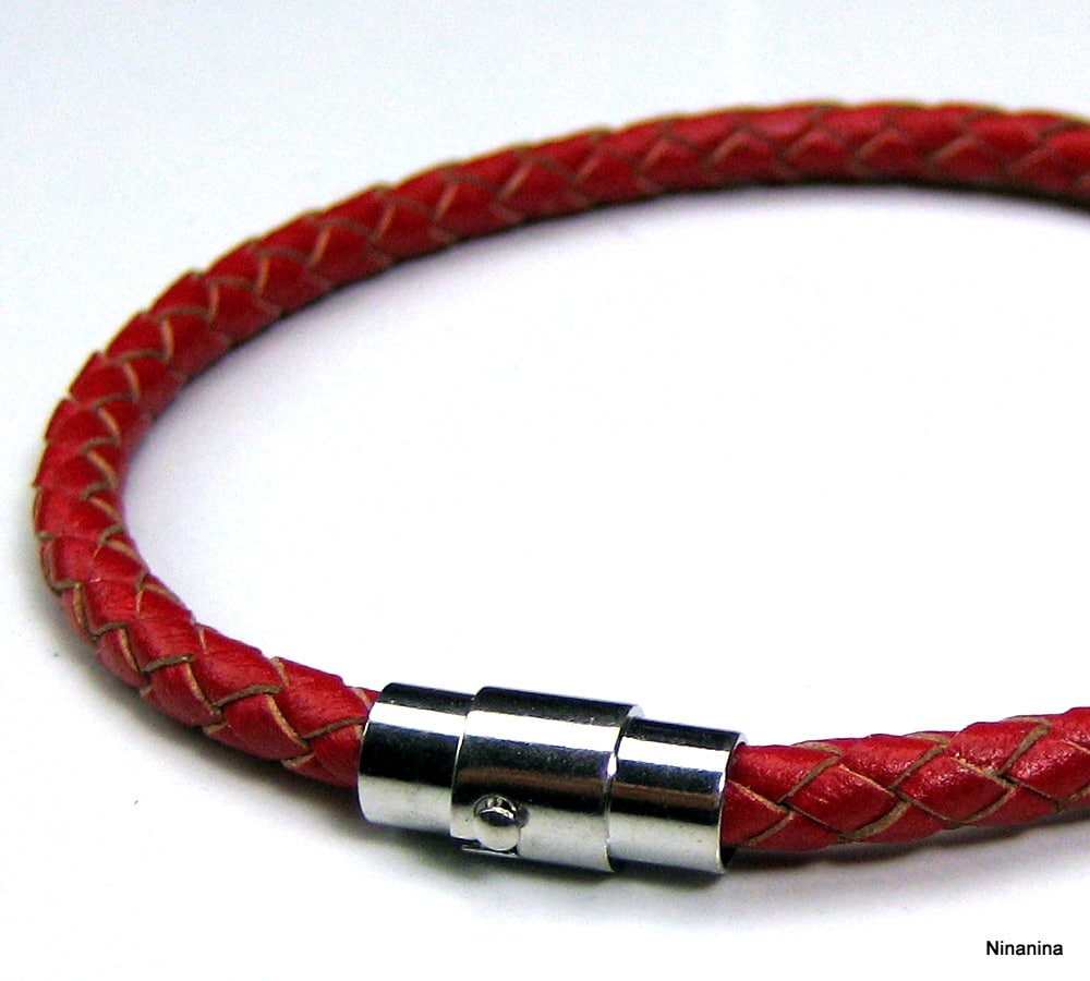 Bracelet acier - cuir rouge italien tressé - agate marron - 19+4cm