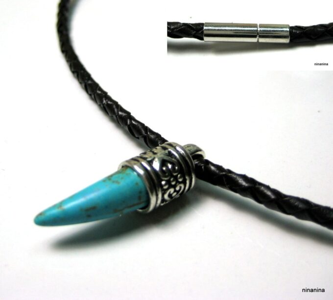 N2765terb_collier_homme_cordon_cuir_tresse_et_corne_turquoise