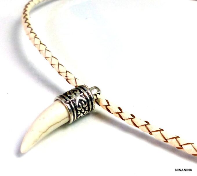 N2765terc_Collier_homme_cordon_cuir_tresse_dent_de_tigre