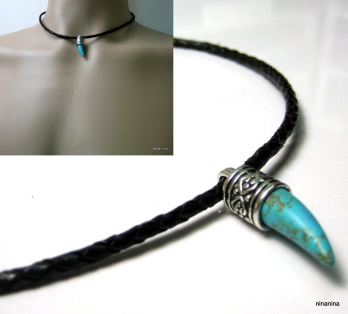 N2765terc_collier_homme_cordon_cuir_tresse_et_corne_turquoise-1